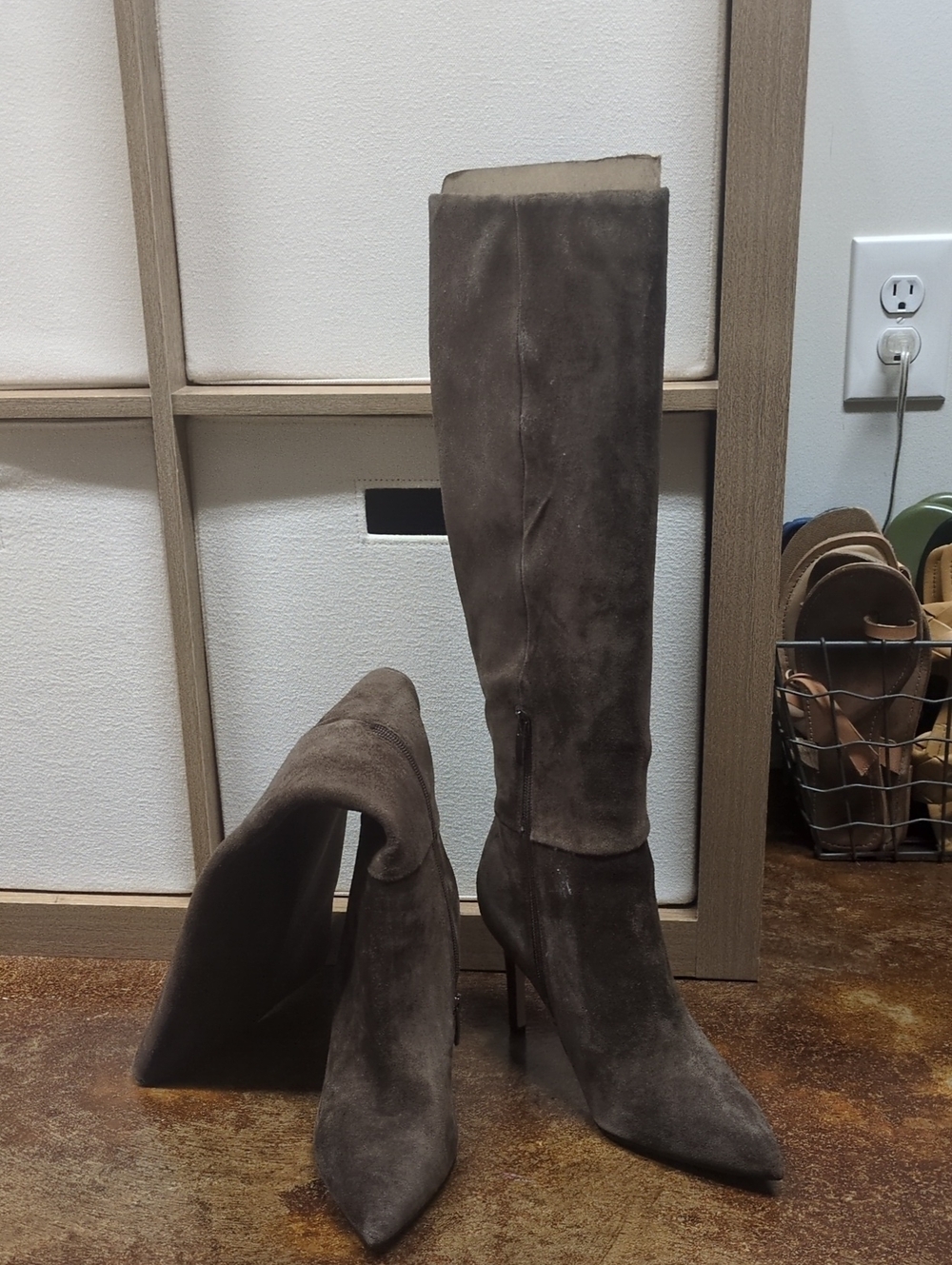 Women's Nine West Knee-High Pointed Toe Suede Boots - Taupe